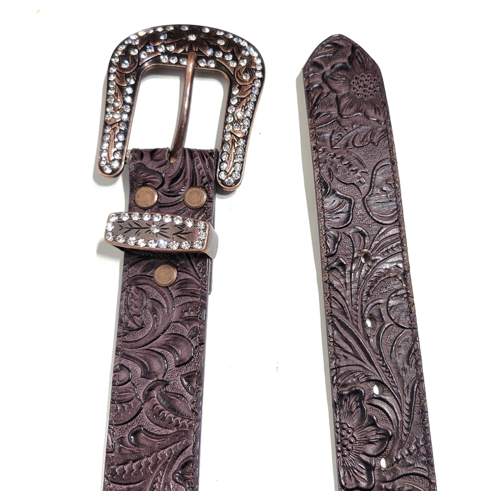 Tooled leather belt size S small blinged rhinestone buckle cowgirl rodeo women's
